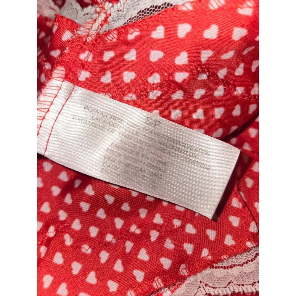 Red Heart Print Women Small Satin Babydoll‎ Chemise with White Lace Trim